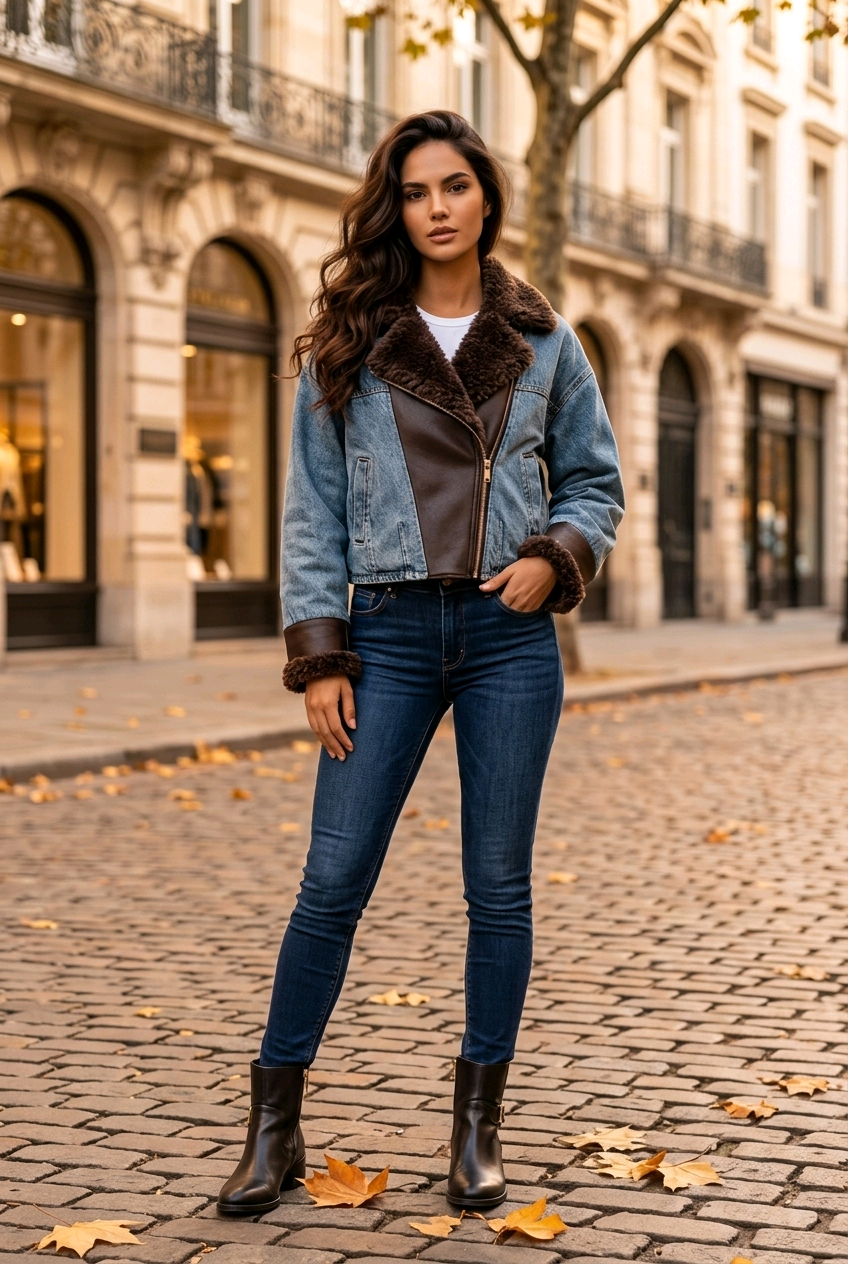 Statement-Jacke im Denim-Look mit Teddy fell
