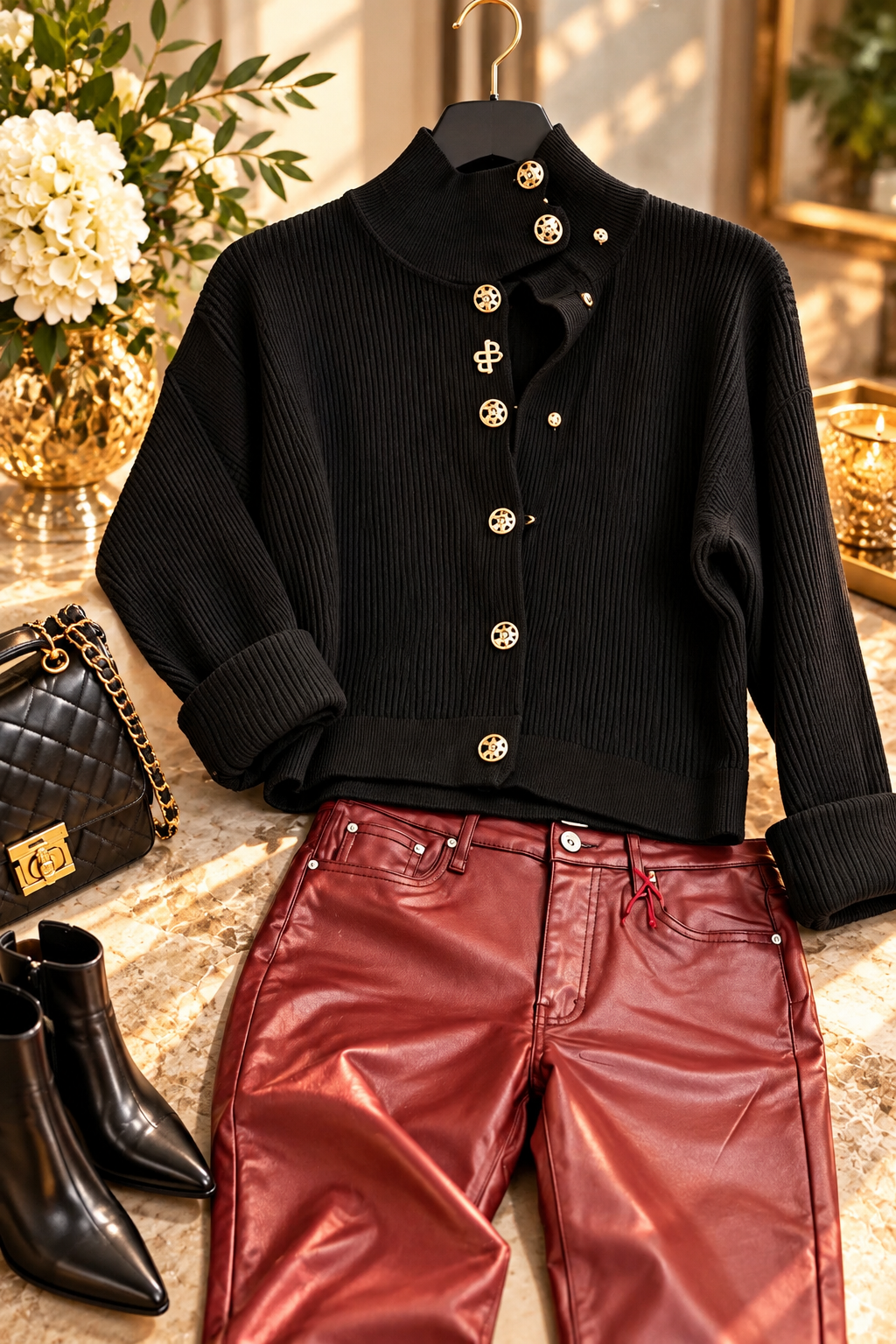 Eleganter schwarzer Rippstrick-Pullover mit Knopfleiste