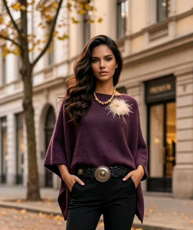 Kuscheliger Pullover in Bordeaux mit Federbrosche