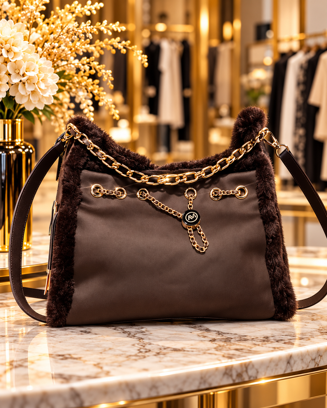 Elegante Schultertasche mit Kunst-Fellbesatz & goldfarbenen Details