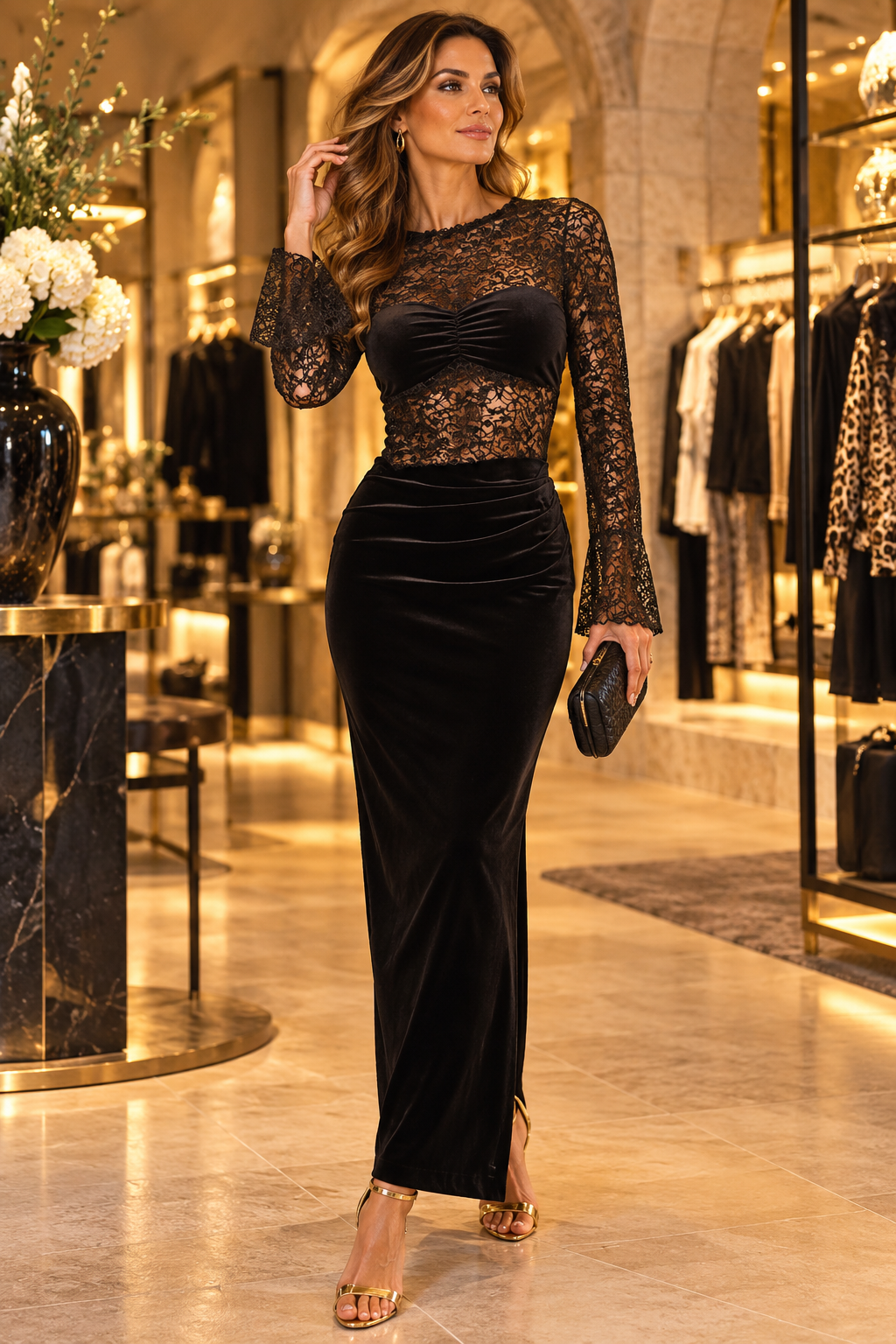 Elegantes Spitzen-Abendkleid mit Samtrock - Schwatz