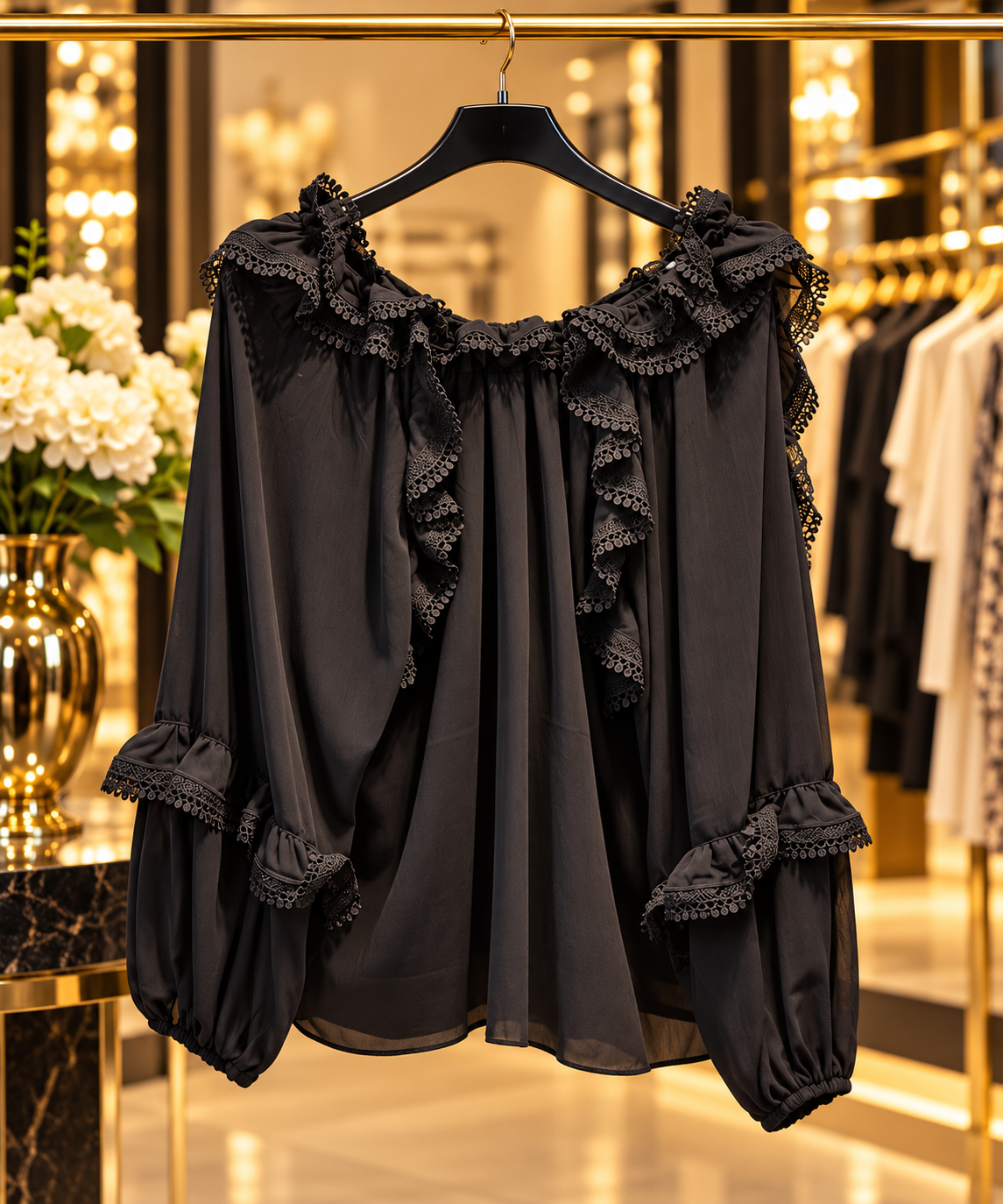 Romantische Rüschenbluse mit Spitzendetails - Schwarz
