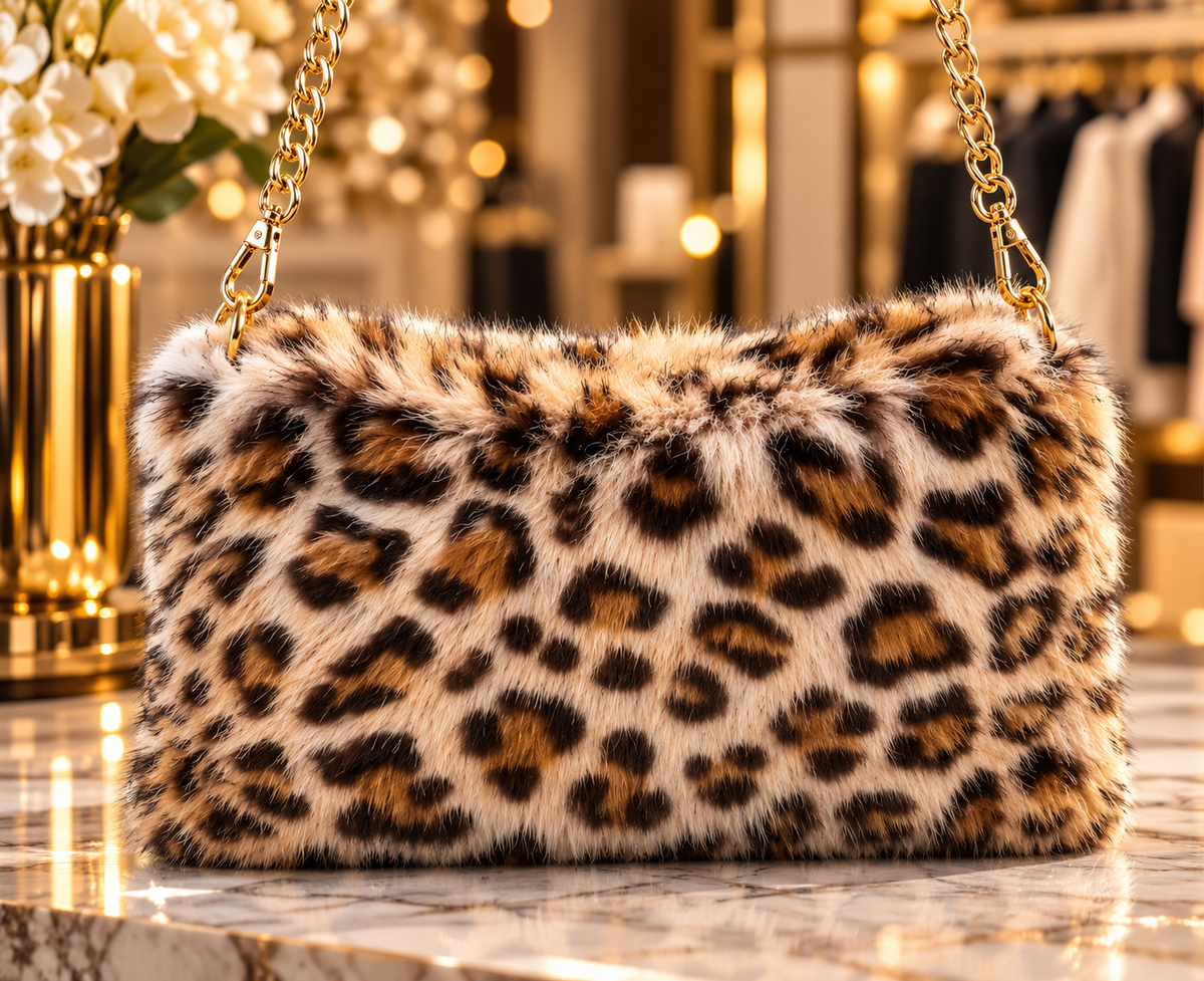 Flauschige Schultertasche im Leo-Look mit goldfarbener Kette