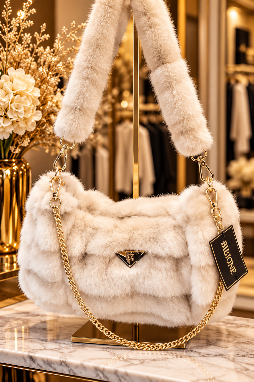 Flauschige Schultertasche mit goldfarbenen Details