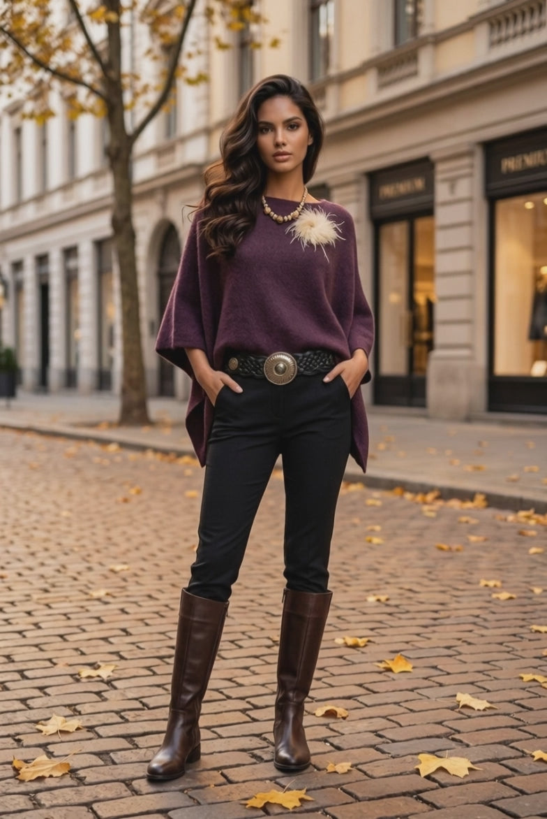 Kuscheliger Pullover in Bordeaux mit Federbrosche